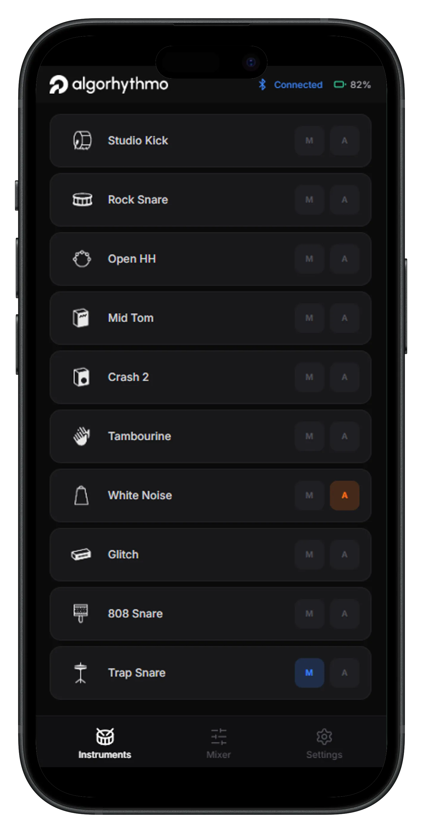 Algorhythmo Bluetooth app — instrument selection and mixer interface